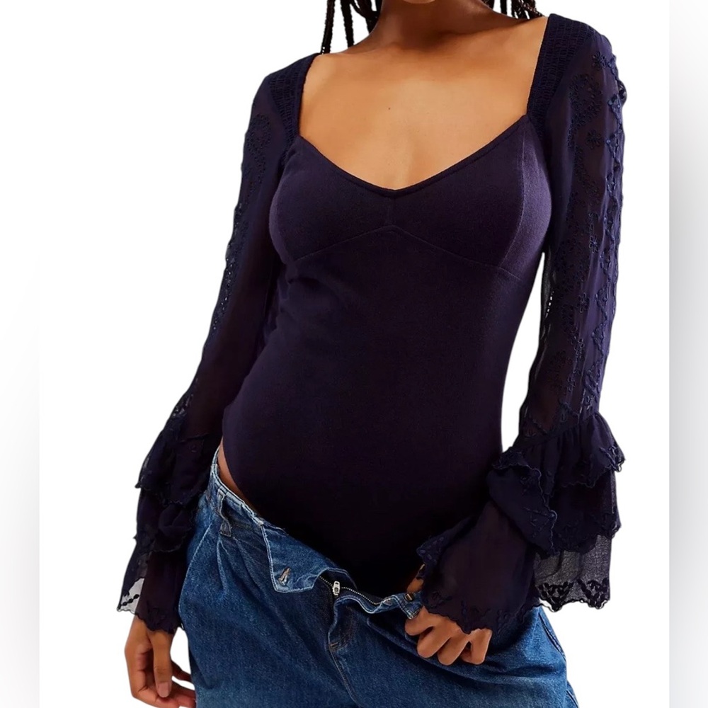 FREE PEOPLE Intimately Enchanted By You Bodysuit Ruffled Eyelet Bell Sleeve Navy